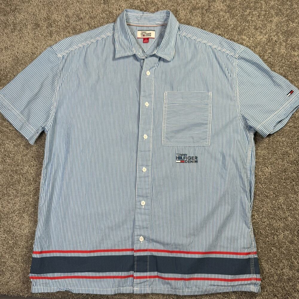 VTG Tommy Hilfiger Denim Short Sleeve Button Down Blue Shirt Size Medium